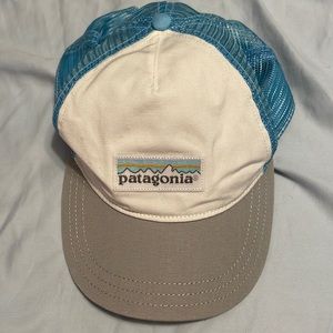Patagonia White and Light Blue Mesh Trucker Hat with Gray Brim